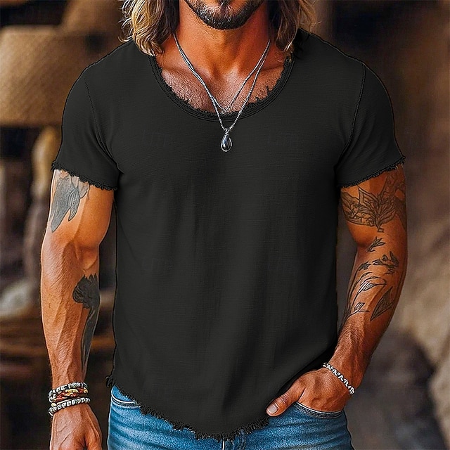 Men's Tee Top Linen T-Shirt Short Sleeve Short Sleeves Crew Neck Summer Plain Fashion Designer Basic Soft Raw Edge