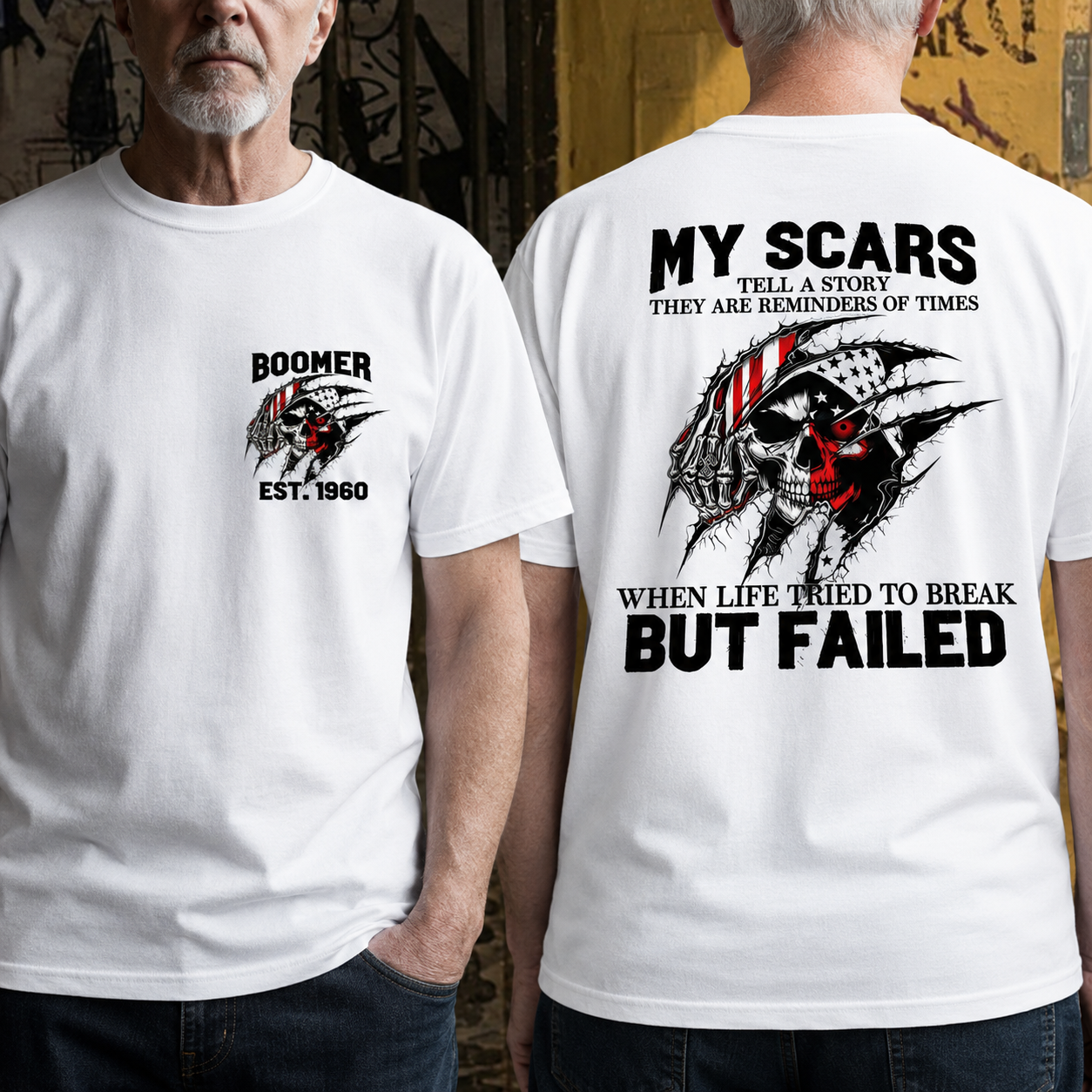 Custom Boomer/Gen X EST.Year & My Scars Tell A Story Double-Sided Patriotic Skull T-Shirt