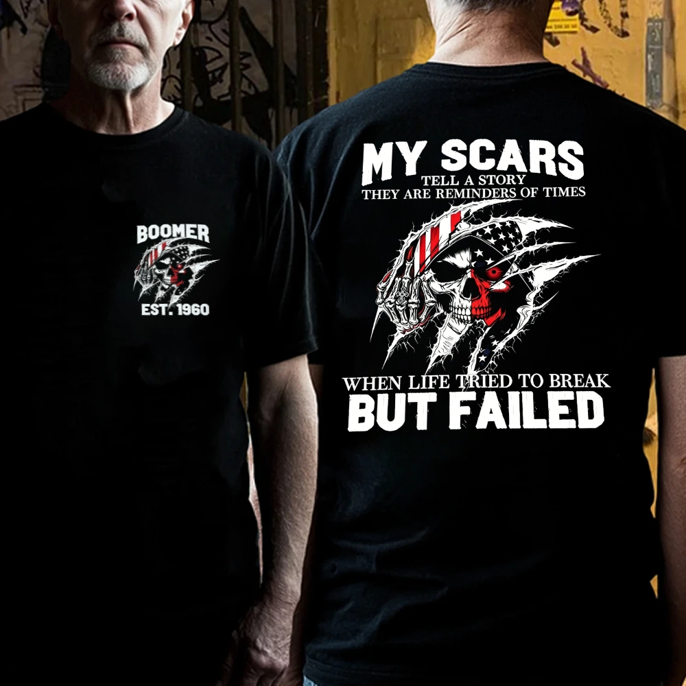 Custom Boomer EST.Year & My Scars Tell A Story Double-Sided Patriotic Skull T-Shirt