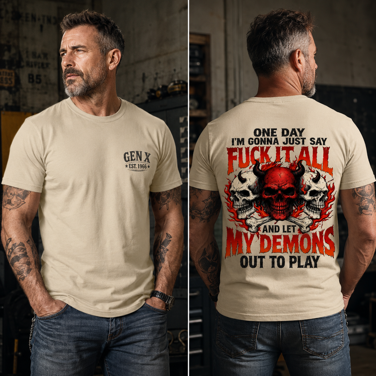 Fuck It All Let My Demons Out To Play Gen X Custom Year Skull Graphic Tee