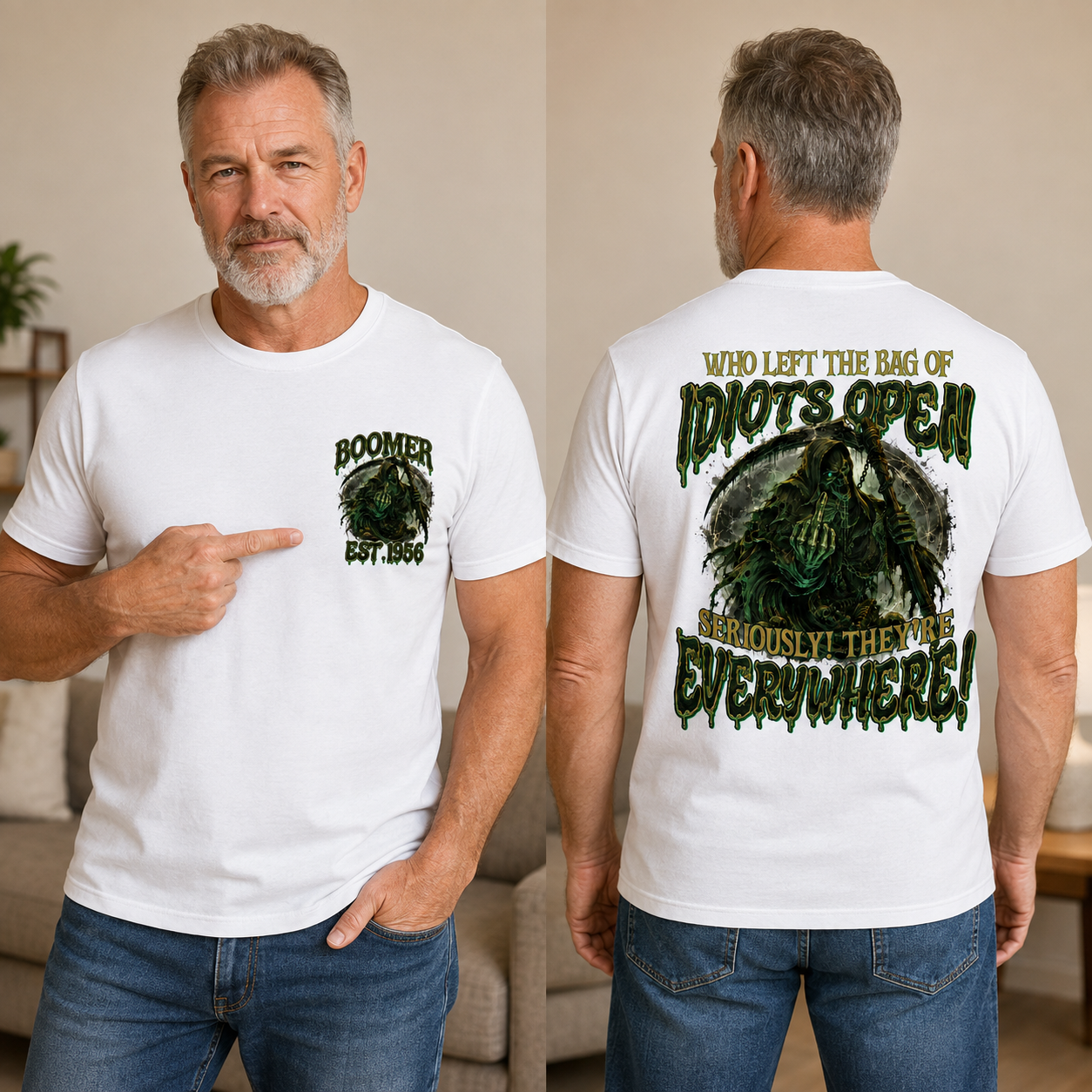 Personalization Year Boomer/Gen X T Shirt, Who Left The Bag of Idiots Open Funny Grim Reaper Graphic T-Shirt