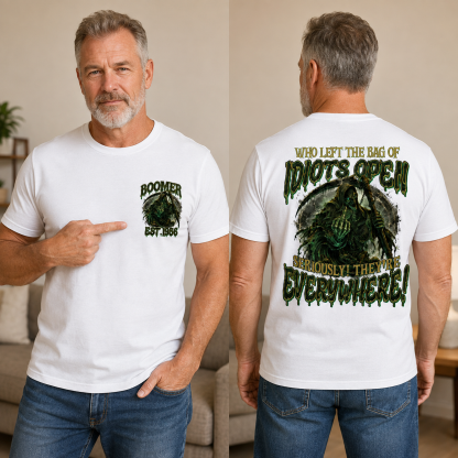 Personalization Year Boomer/Gen X T Shirt, Who Left The Bag of Idiots Open Funny Grim Reaper Graphic T-Shirt