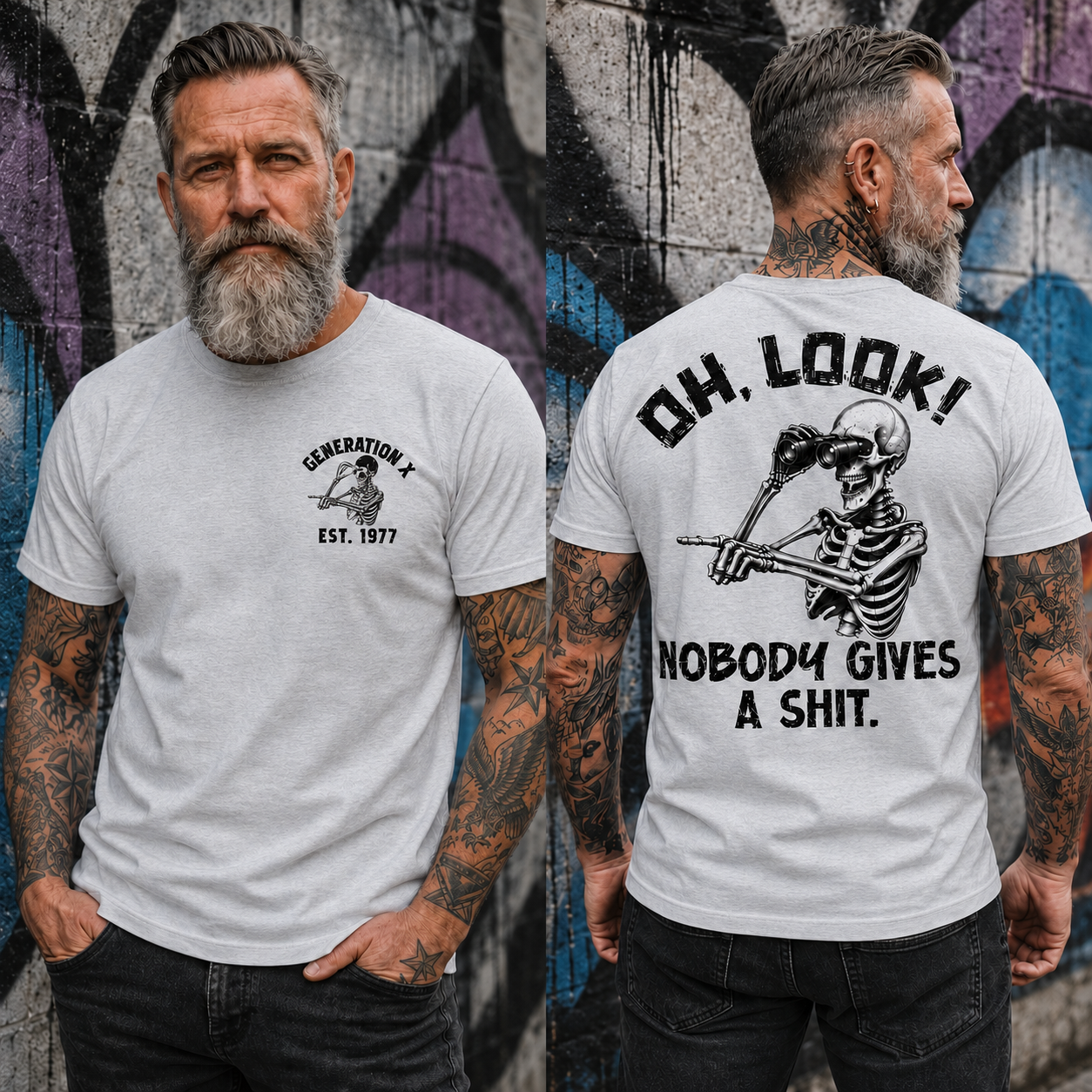 Personalization Year Gen X T Shirt, Oh Look Nobody Gives A Sh*t Skeleton Graphic Shirt