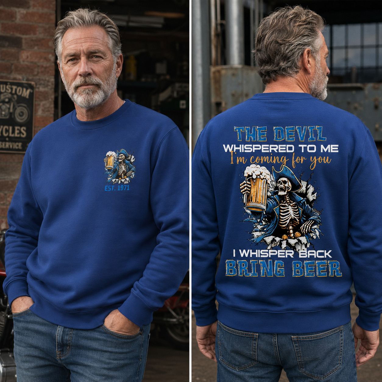 The Devil Whispered To Me I Whisper Back Bring Beer Gen X//Boomer Custom Birth Year Crewneck Sweatshirt