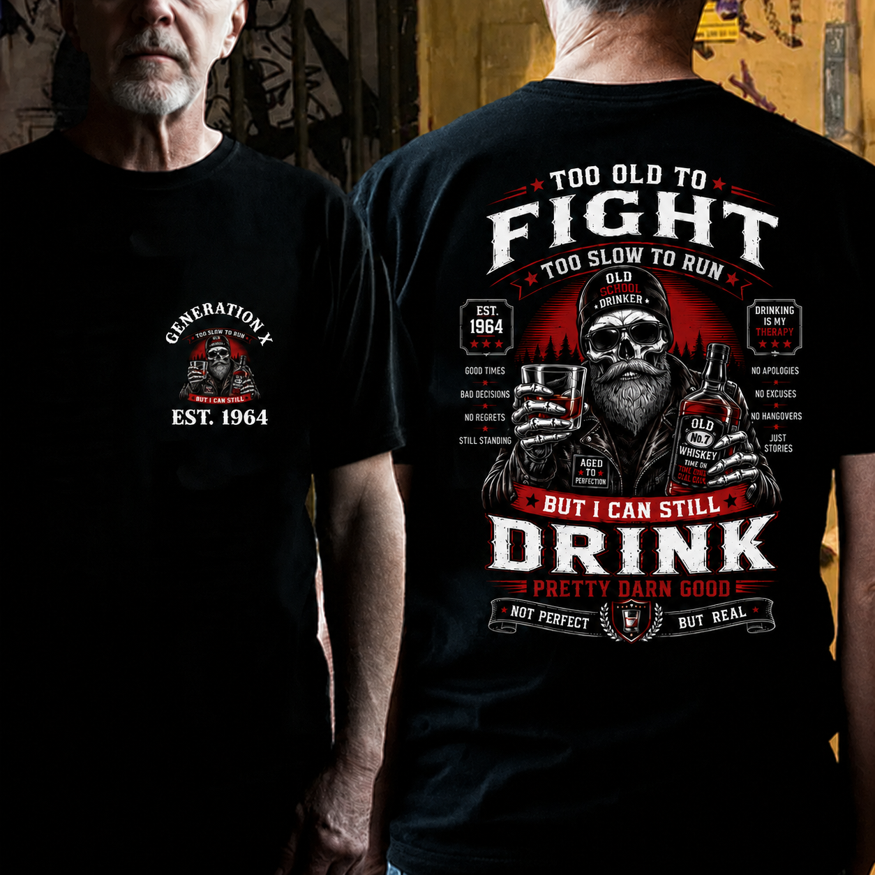 Custom EST.Year Too Old To Fight Too Slow To Run But I Can Still Drink Old School Drinker Graphic T-Shirt