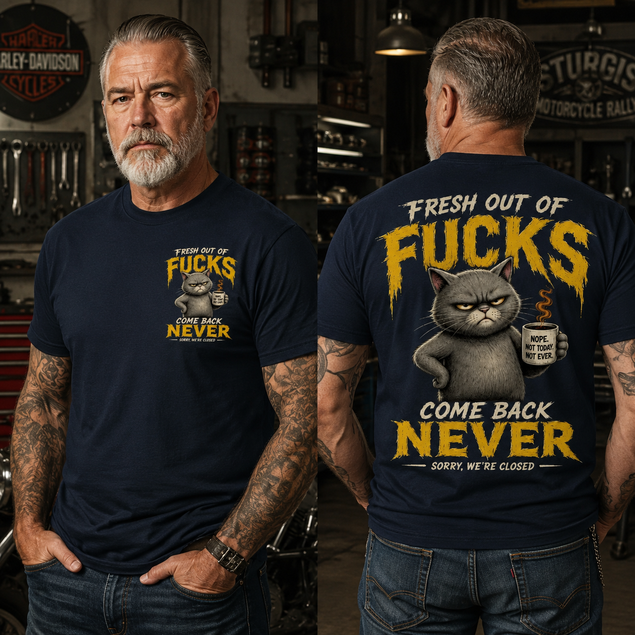 Fresh Out Of F*cks Cat Dad Graphic Tee – Come Back Never Funny Cat Shirt