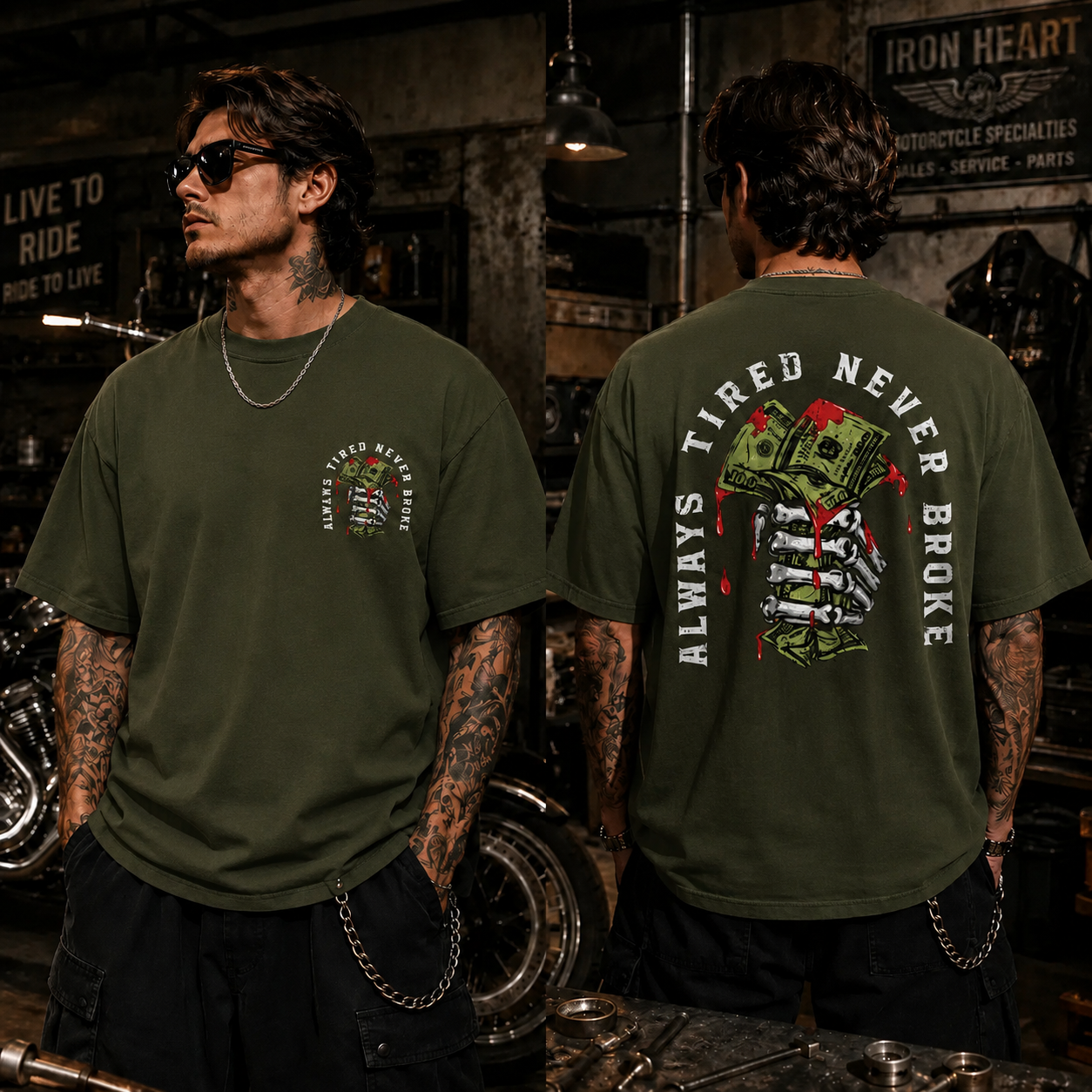 Always Tired Never Broke Skull Money Graphic T-Shirt