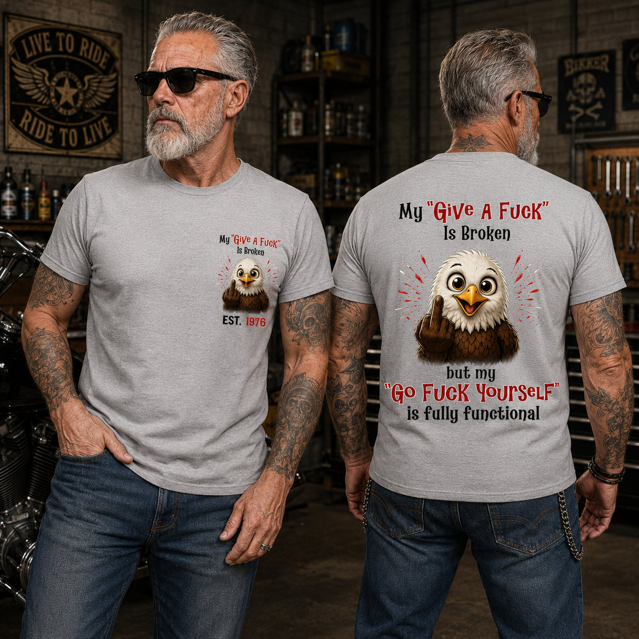 My “Give A F*ck” Is Broken Funny Bald Eagle Graphic Tee | Custom EST Year Shirt