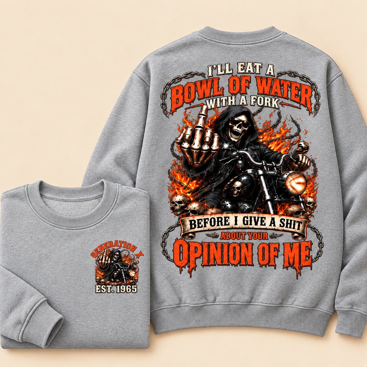 Personalized Year 1965-1980 I'll Eat A Bowl Of Water With A Fork Hoodie, Biker Skull Graphic Crewneck Sweatshirt