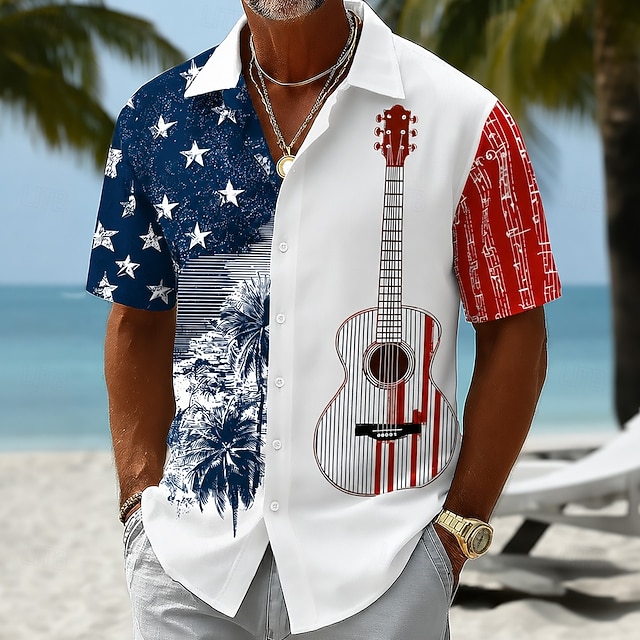Men's 4th of July U.S. Guitar American Flag Shirt Summer Shirt