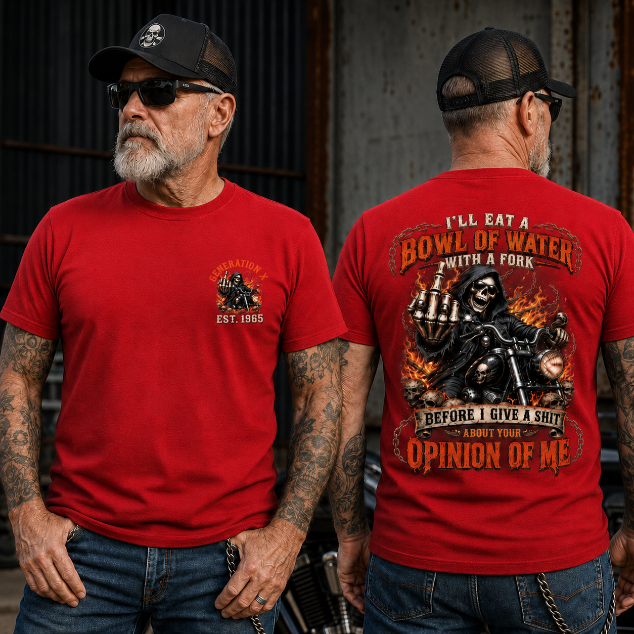 Personalized Year 1965-1980 I'll Eat A Bowl Of Water With A Fork Shirt, Biker Skull Graphic Tee