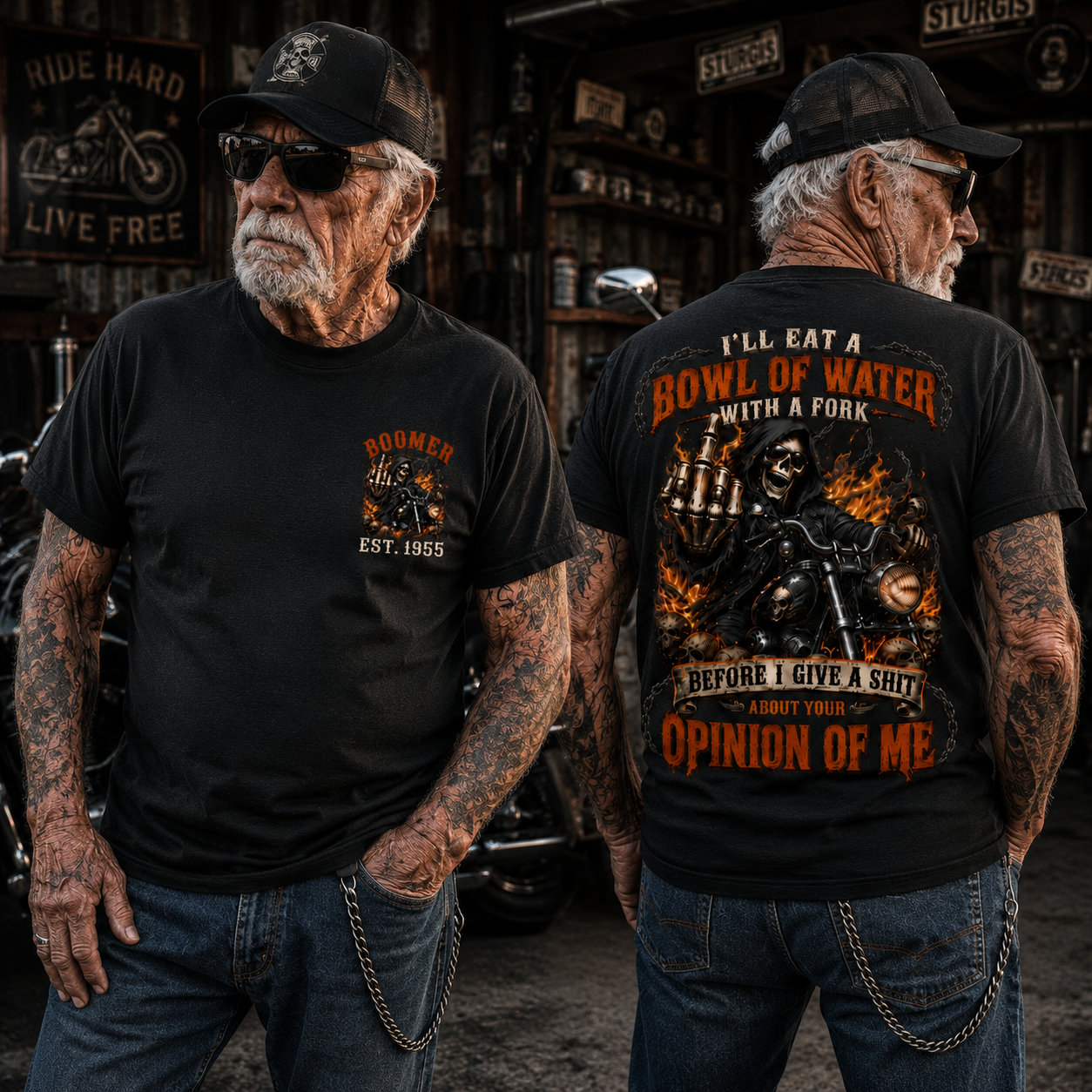 Personalized Year 1965-1980 I'll Eat A Bowl Of Water With A Fork Shirt, Biker Skull Graphic Tee