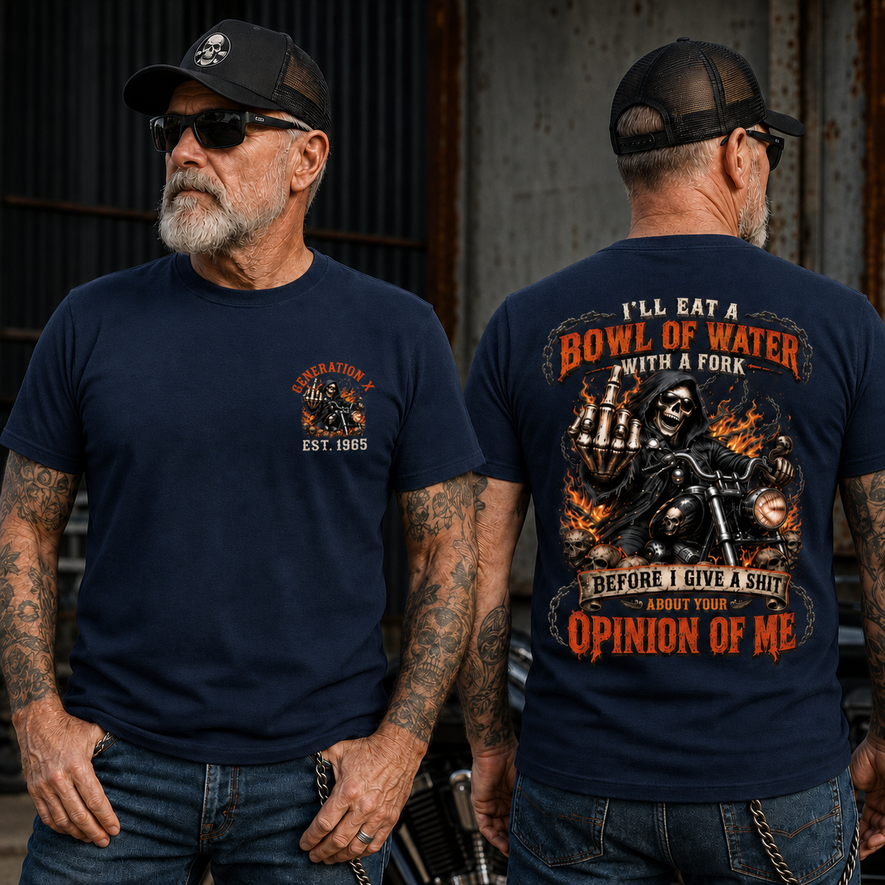 Personalized Year 1965-1980 I'll Eat A Bowl Of Water With A Fork Shirt, Biker Skull Graphic Tee