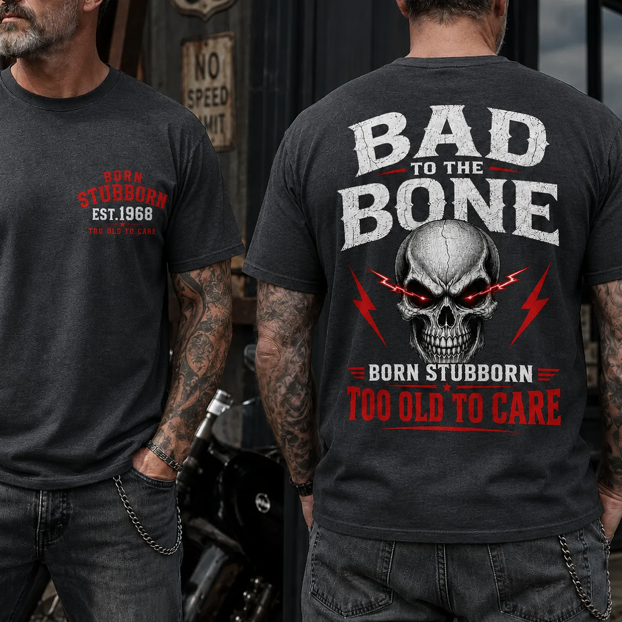 Bad To The BornTM Too Old To Care Boomer/Gen X Custom Year T-Shirt