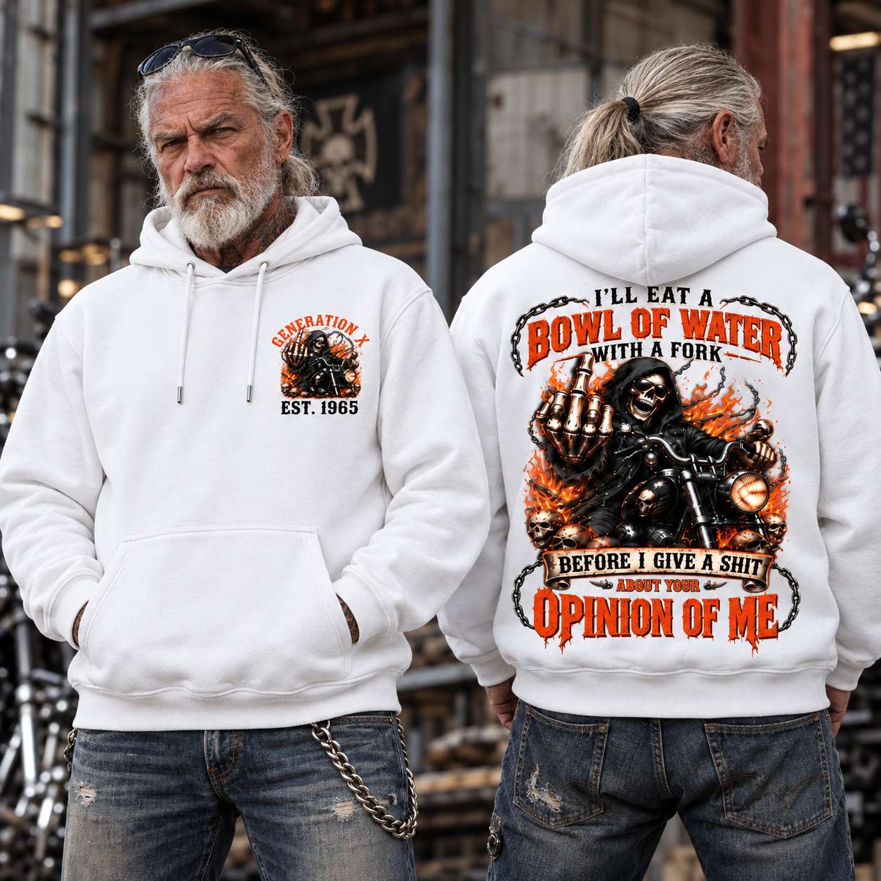 Personalized Year 1965-1980 I'll Eat A Bowl Of Water With A Fork Hoodie, Biker Skull Graphic Hoodie