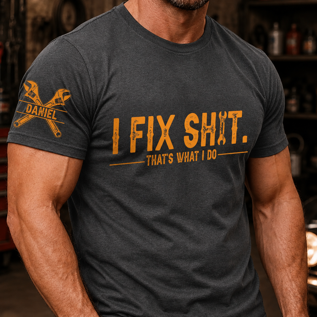 Custom Mechanic Unisex T-Shirt With Design On Sleeve - Personalized Birthday Gifts For Men, Dad, Grandpa, Husband - Built To Fix