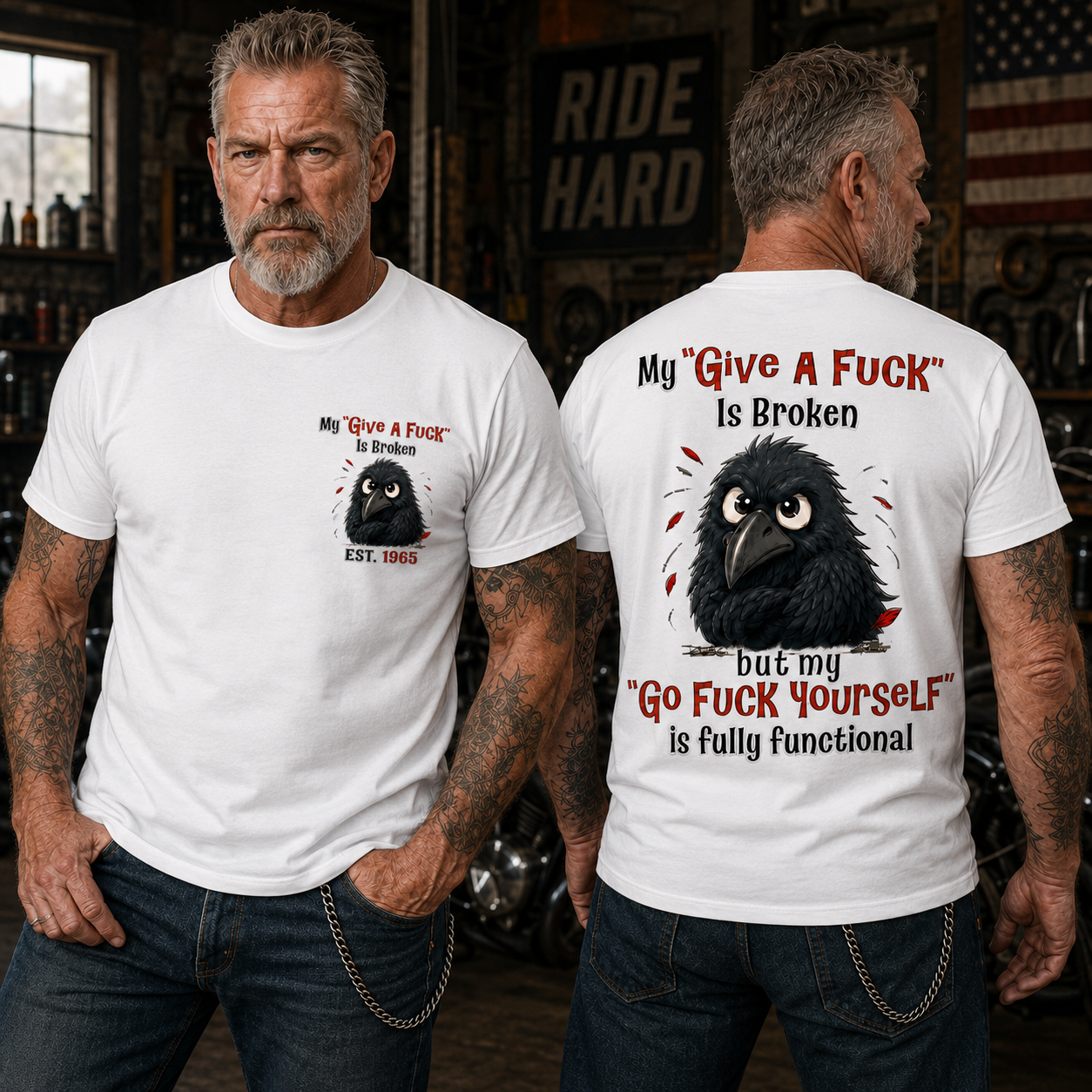 My “Give A F*ck” Is Broken Funny Crow Graphic Tee | Custom EST Year Shirt
