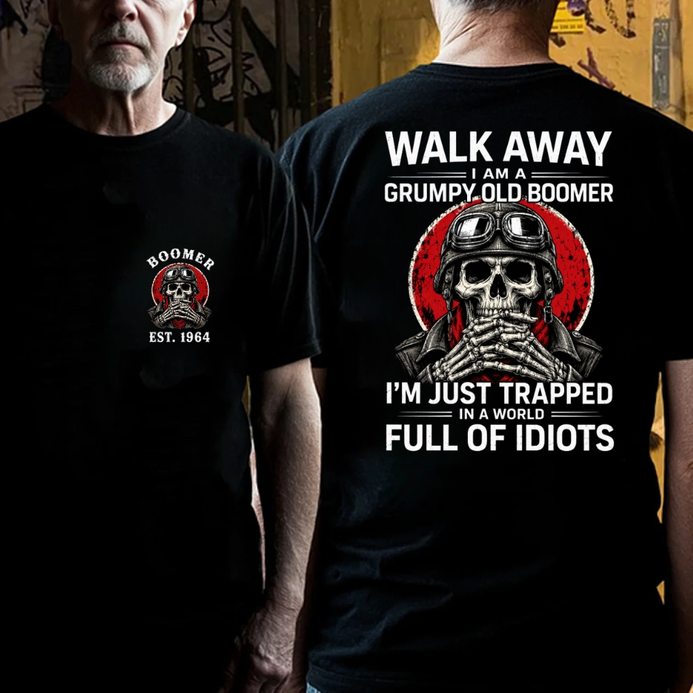 Custom EST.Year Walk Away I Am A Grumpy Old Boomer I'm Just Trapped In A World Full Of Idiots Graphic T-Shirt
