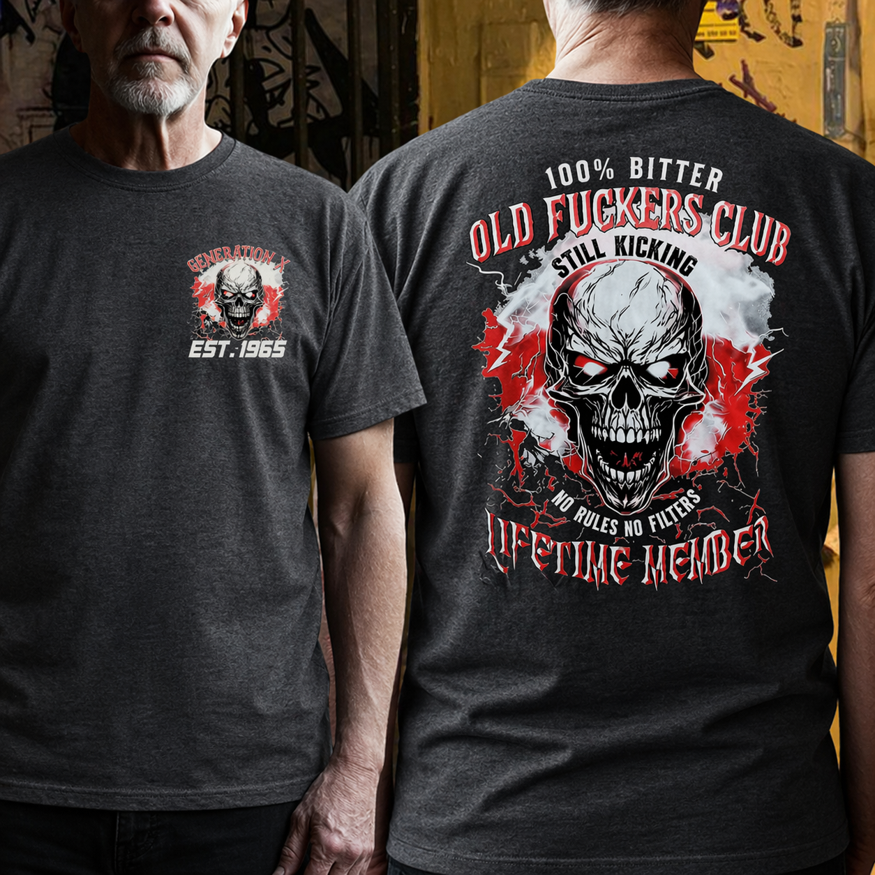 100% Bitter Old F*** Club Hardcore Biker Style | Skull Graphic Boomer/Gen X/Y T-Shirts