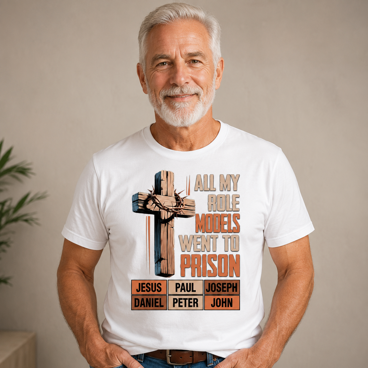"All My Role Models Went To Prison" Bible Characters Cross Graphic T-Shirt for Men & Women - Vintage Christian Faith Tee