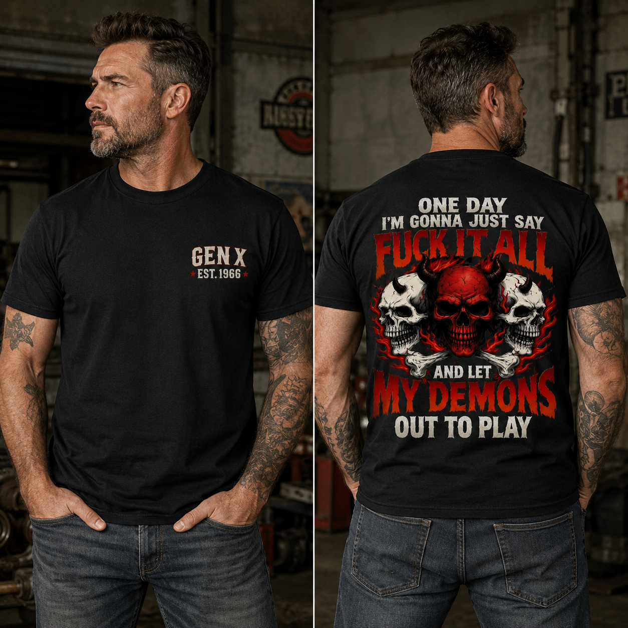 Fuck It All Let My Demons Out To Play Gen X Custom Year Skull Graphic Tee