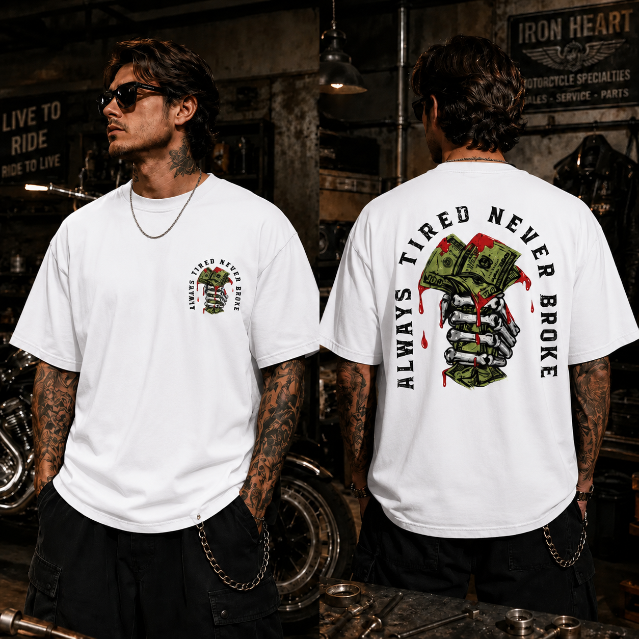 Always Tired Never Broke Skull Money Graphic T-Shirt