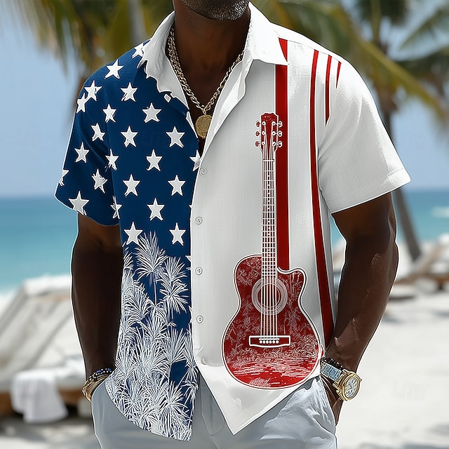 Men's 4th of July U.S. Guitar American Flag Shirt Summer Shirt