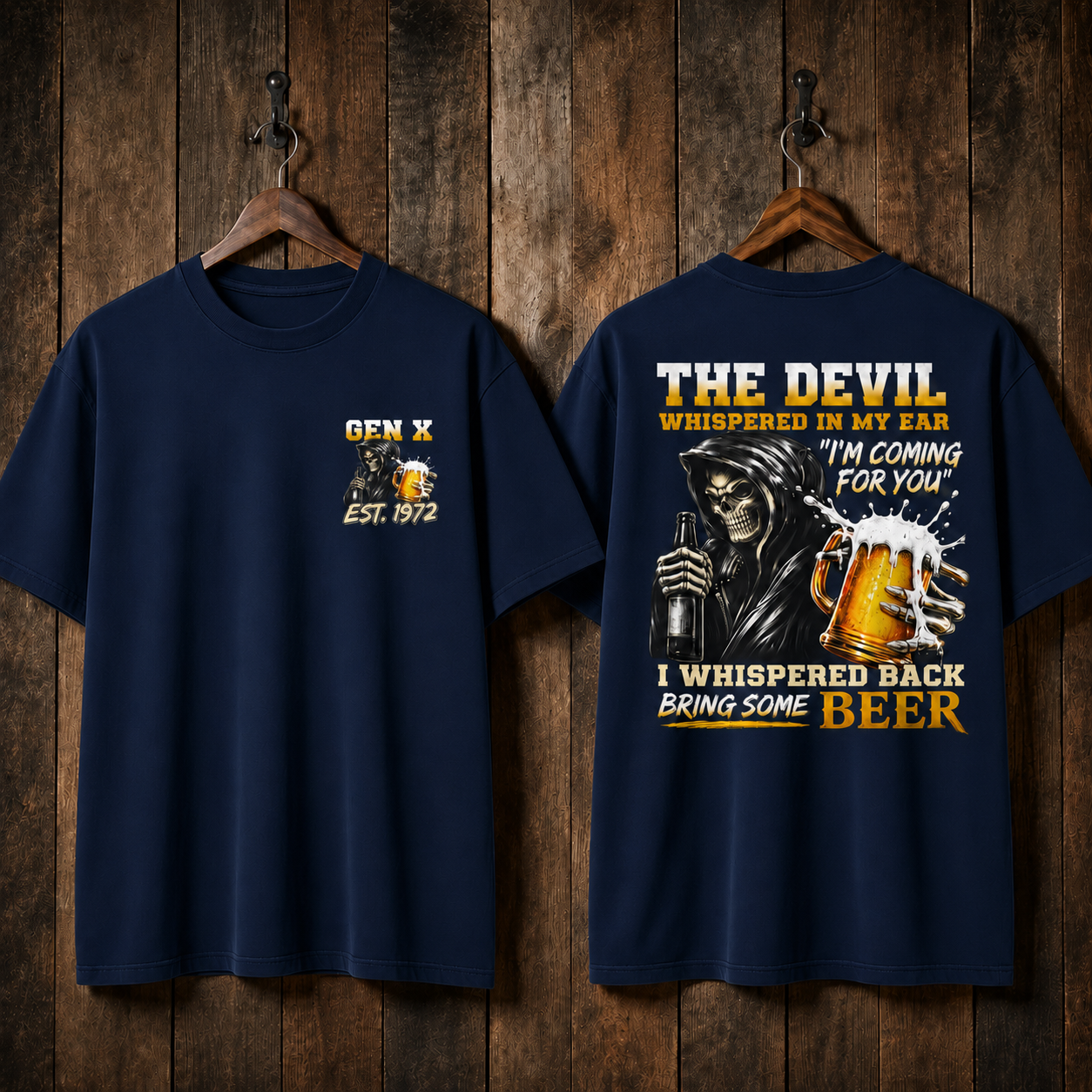The Devil WhisperedTM Boomer/Gen X Beer T-Shirt | Custom EST Year Grim Reaper Tee
