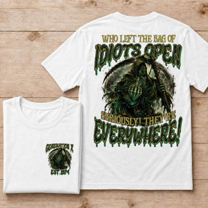 Personalization Year Boomer/Gen X T Shirt, Who Left The Bag of Idiots Open Funny Grim Reaper Graphic T-Shirt