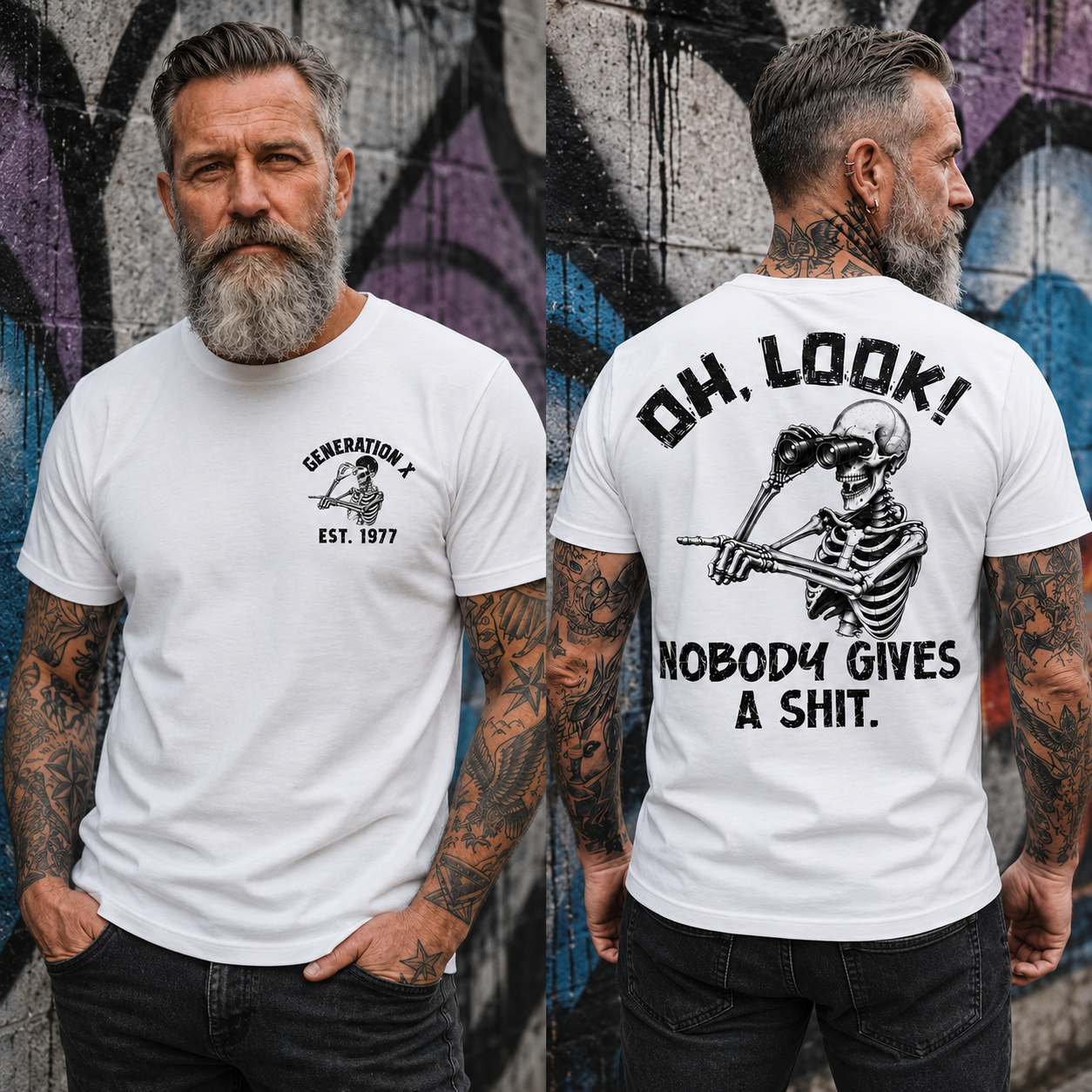 Personalization Year Gen X T Shirt, Oh Look Nobody Gives A Sh*t Skeleton Graphic Shirt