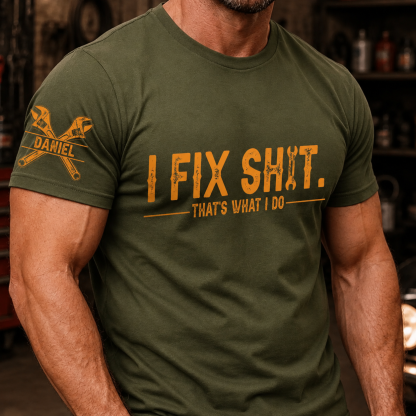Custom Mechanic Unisex T-Shirt With Design On Sleeve - Personalized Birthday Gifts For Men, Dad, Grandpa, Husband - Built To Fix