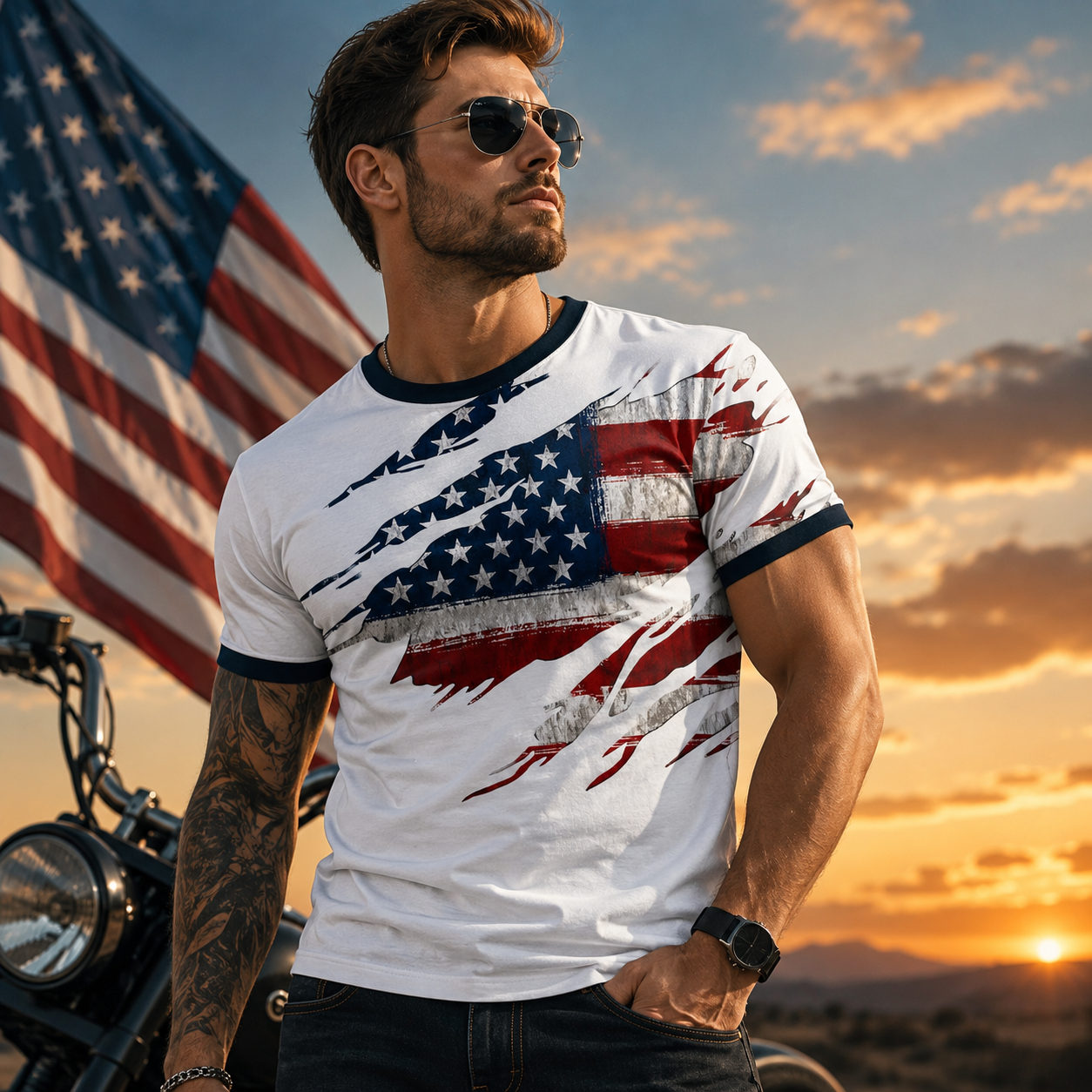 4th of July 2026 Men's Patriotic Patriot 3D Print American Flag Veteran Crew Neck Short Sleeve T-Shirt