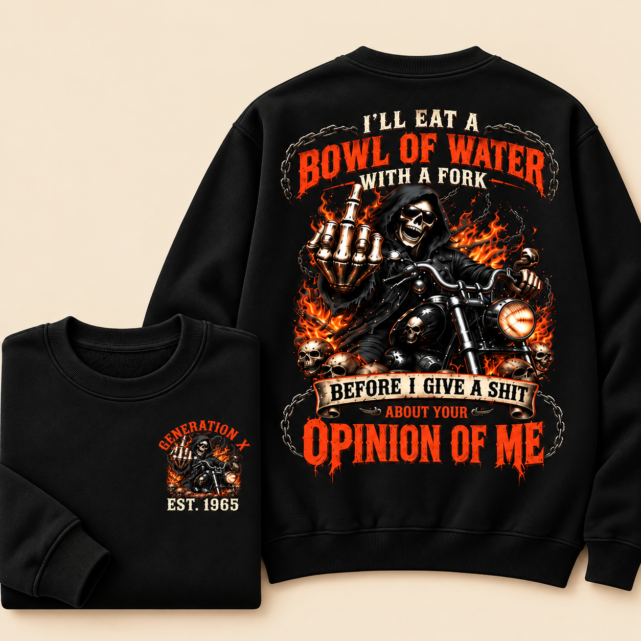 Personalized Year 1965-1980 I'll Eat A Bowl Of Water With A Fork Hoodie, Biker Skull Graphic Crewneck Sweatshirt