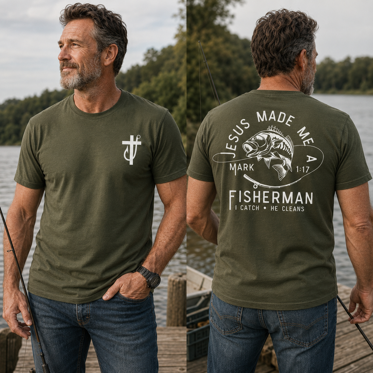Jesus Made Me A Fisherman T-Shirt - Bold Fishing Graphic With Mark 1:17 Verse , I Catch He Cleans Quote , Faith Based Christian Tee , Fisherman Gift Shirt , Unisex Comfortable Wear , Outdoor Daily Tee Classic