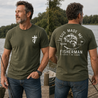 Jesus Made Me A Fisherman T-Shirt - Bold Fishing Graphic With Mark 1:17 Verse , I Catch He Cleans Quote , Faith Based Christian Tee , Fisherman Gift Shirt , Unisex Comfortable Wear , Outdoor Daily Tee Classic