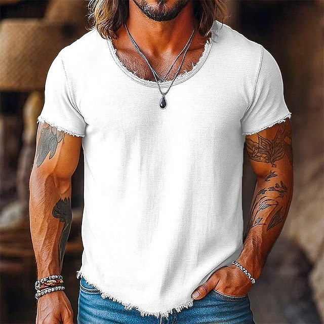 Men's Tee Top Linen T-Shirt Short Sleeve Short Sleeves Crew Neck Summer Plain Fashion Designer Basic Soft Raw Edge