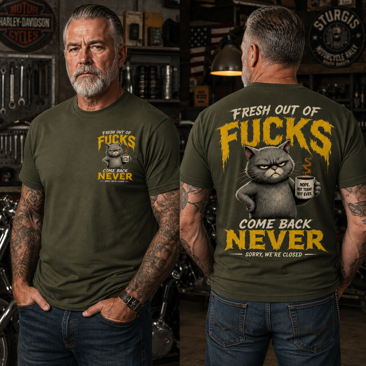 Fresh Out Of F*cks Cat Dad Graphic Tee – Come Back Never Funny Cat Shirt