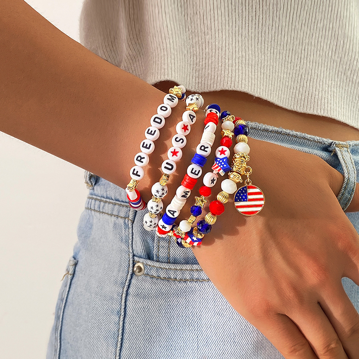 U.S. Patriotic Beaded Bracelet Set – Red White and Blue USA Charm Elastic Stretch Bangles – Holiday Outfits & Party Wear