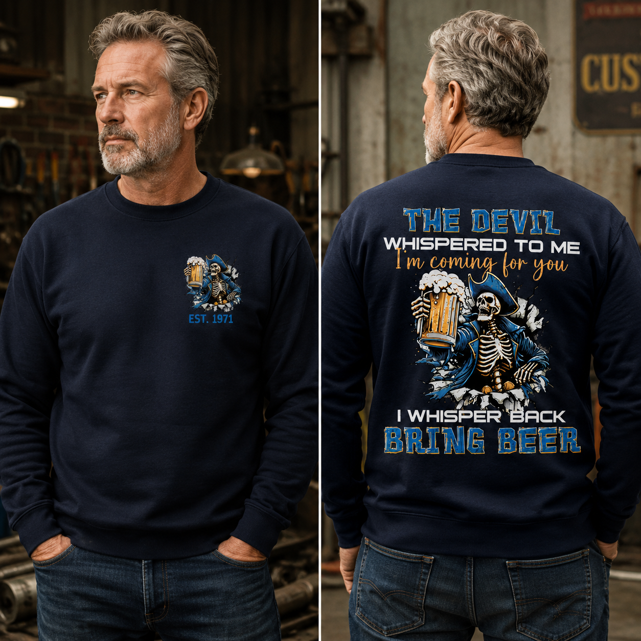 The Devil Whispered To Me I Whisper Back Bring Beer Gen X//Boomer Custom Birth Year Crewneck Sweatshirt