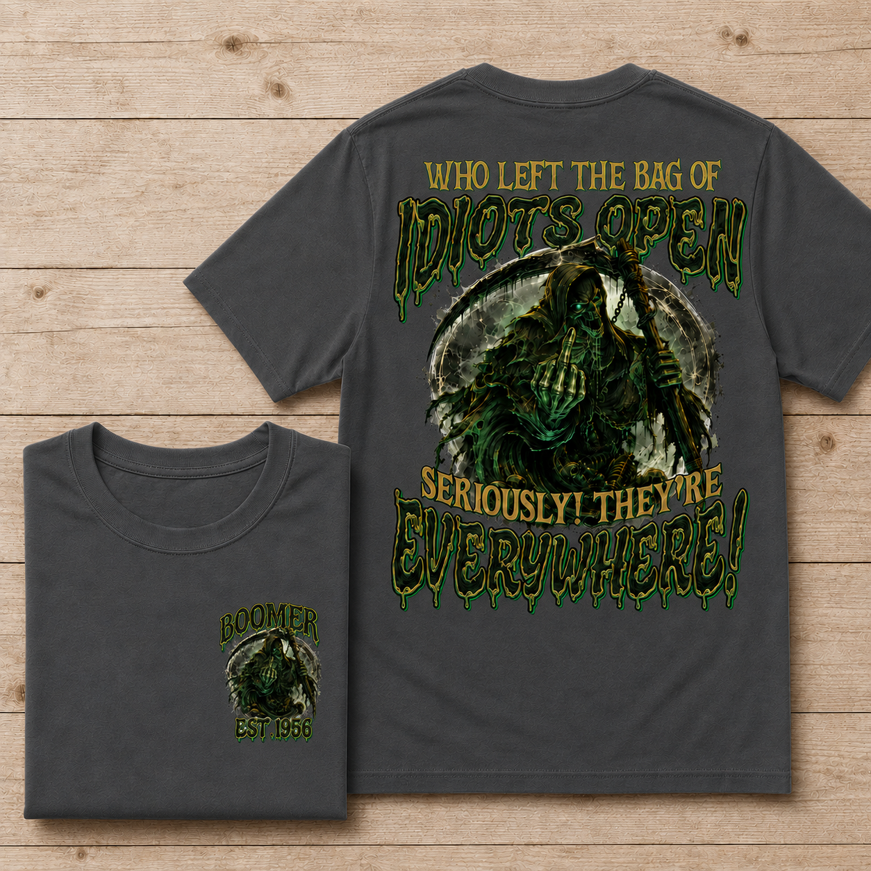 Personalization Year Boomer/Gen X T Shirt, Who Left The Bag of Idiots Open Funny Grim Reaper Graphic T-Shirt