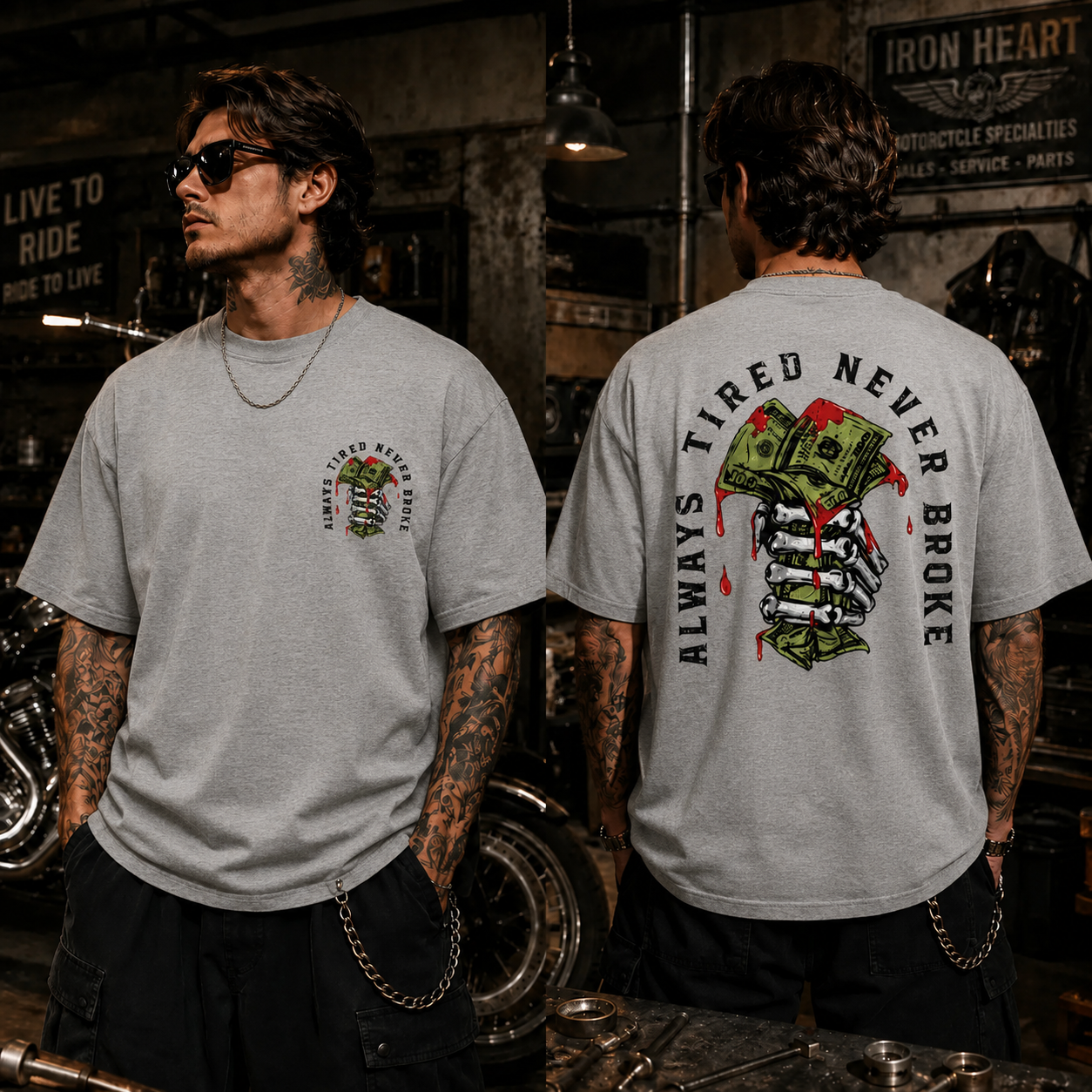 Always Tired Never Broke Skull Money Graphic T-Shirt