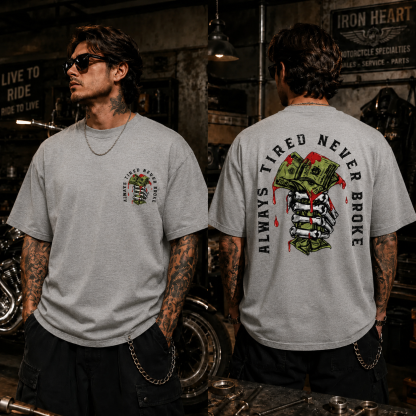 Always Tired Never Broke Skull Money Graphic T-Shirt