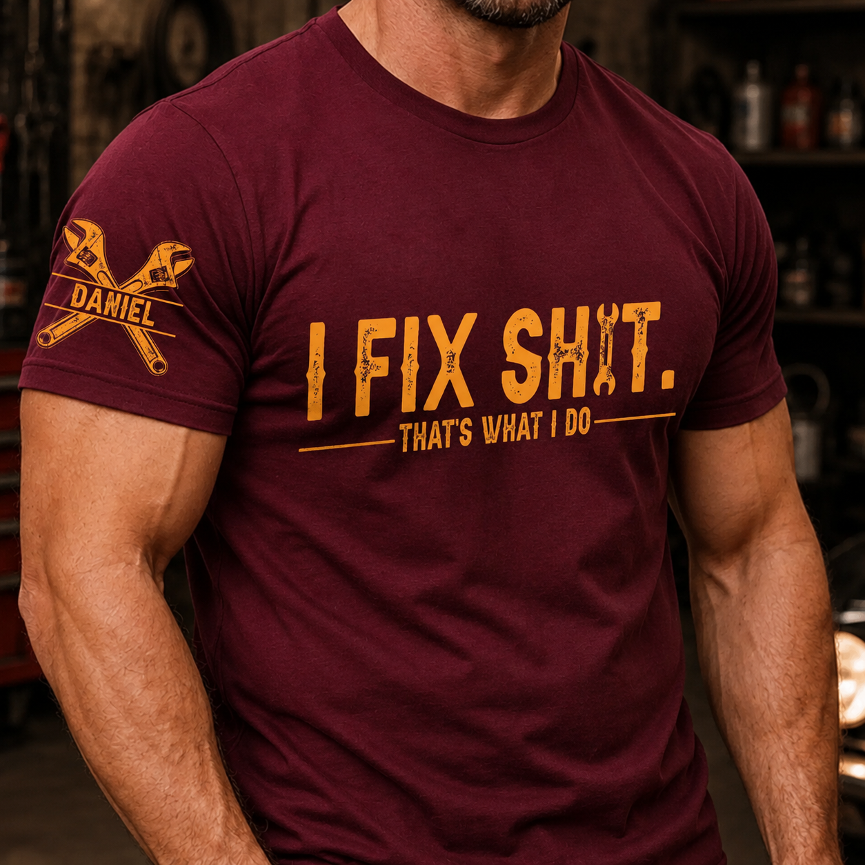Custom Mechanic Unisex T-Shirt With Design On Sleeve - Personalized Birthday Gifts For Men, Dad, Grandpa, Husband - Built To Fix