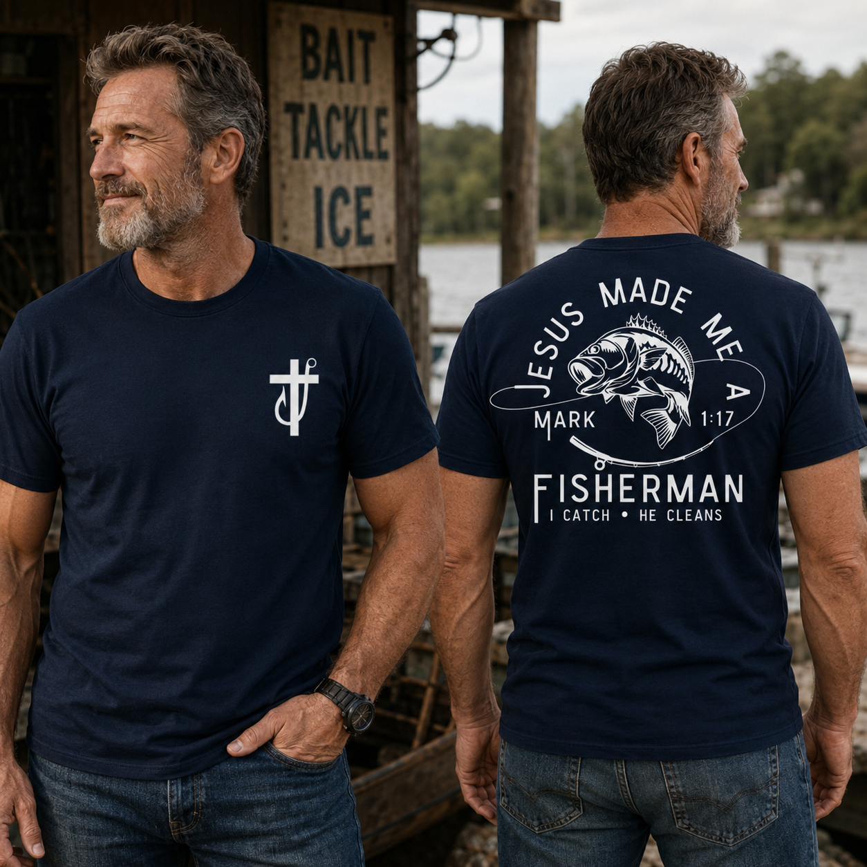 Jesus Made Me A Fisherman T-Shirt - Bold Fishing Graphic With Mark 1:17 Verse , I Catch He Cleans Quote , Faith Based Christian Tee , Fisherman Gift Shirt , Unisex Comfortable Wear , Outdoor Daily Tee Classic