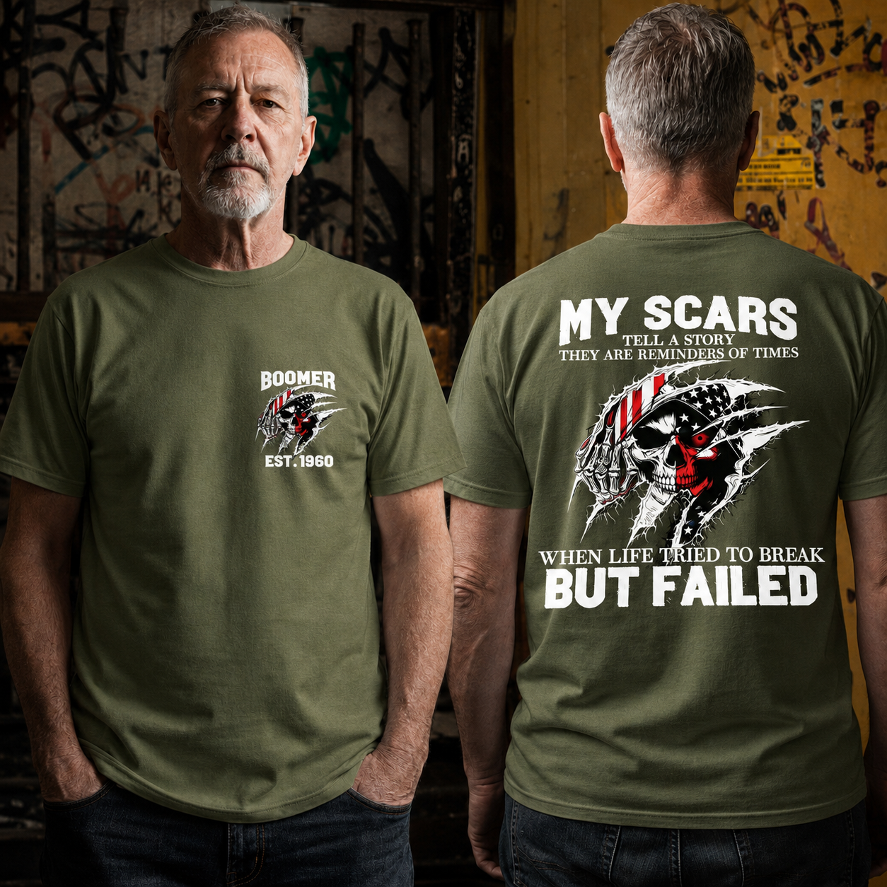 Custom Boomer/Gen X EST.Year & My Scars Tell A Story Double-Sided Patriotic Skull T-Shirt