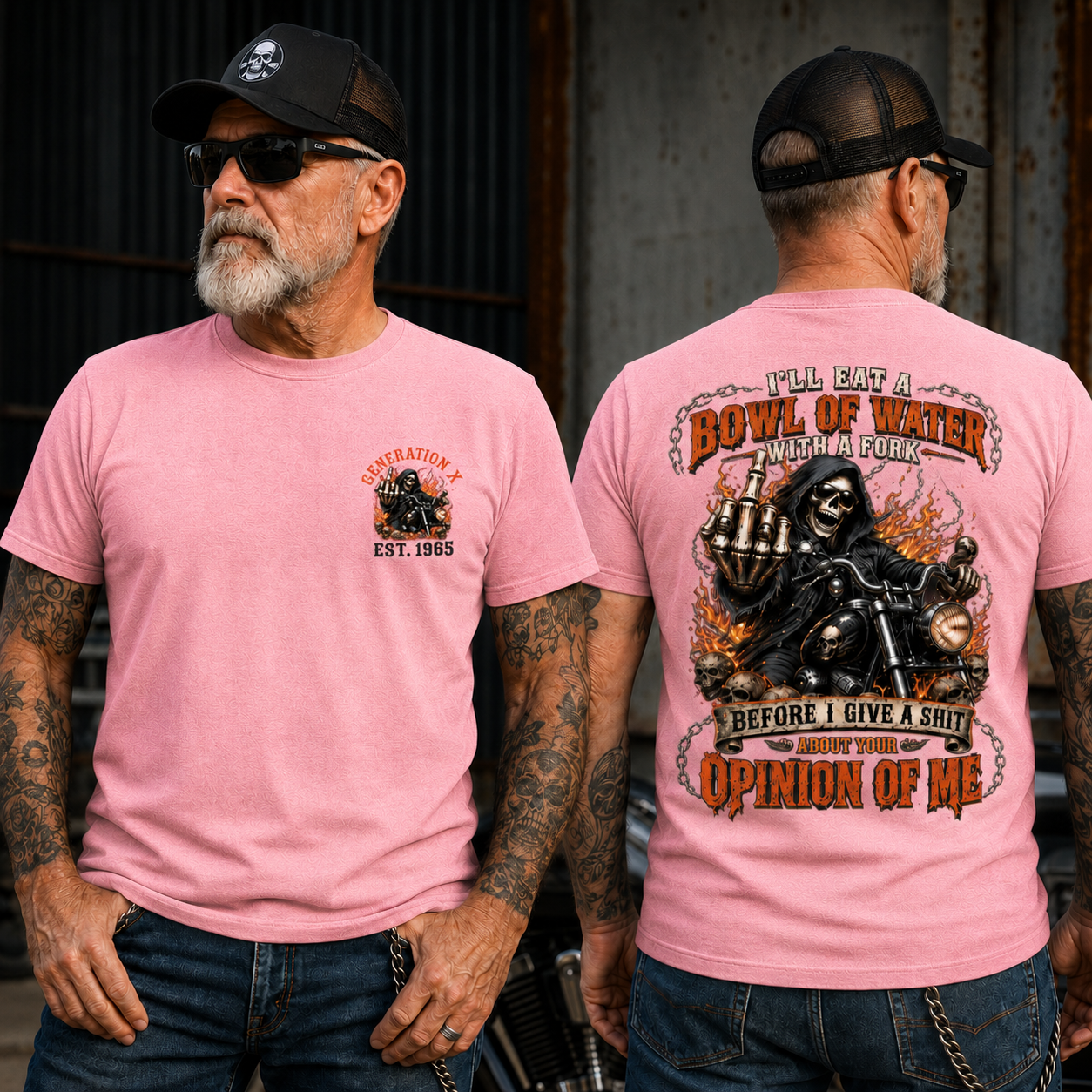 Personalized Year 1965-1980 I'll Eat A Bowl Of Water With A Fork Shirt, Biker Skull Graphic Tee