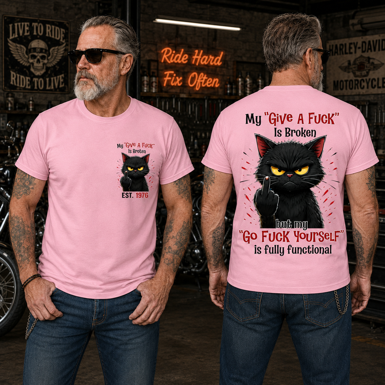 My “Give A F*ck” Is Broken Funny Cat Graphic Tee | Custom EST Year Shirt