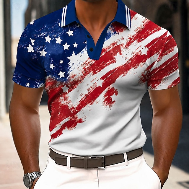 4th of July Men's American US Flag Polo Short Sleeve Polo Shirts
