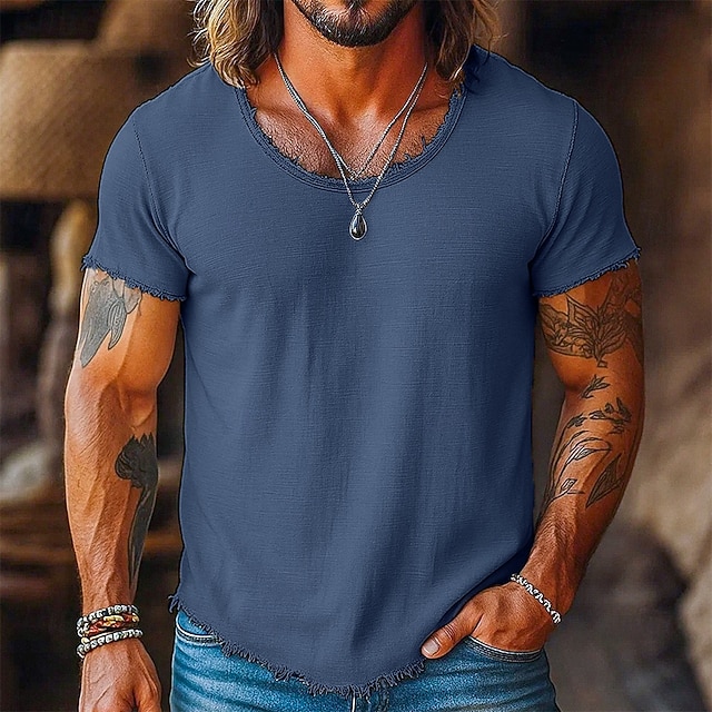 Men's Tee Top Linen T-Shirt Short Sleeve Short Sleeves Crew Neck Summer Plain Fashion Designer Basic Soft Raw Edge