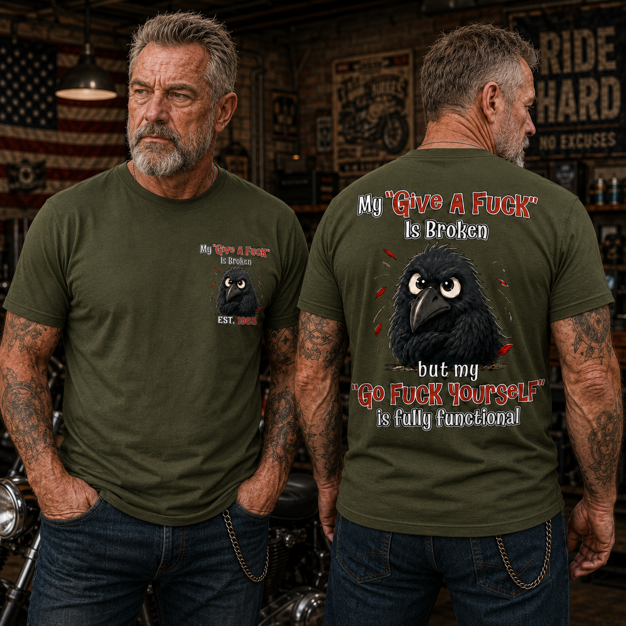 My “Give A F*ck” Is Broken Funny Crow Graphic Tee | Custom EST Year Shirt